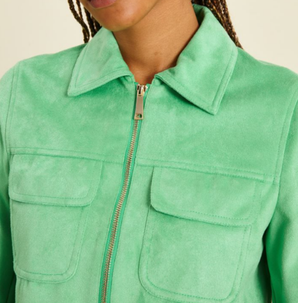 Elegant-Woman-Green-Suede-Jacket-close-up